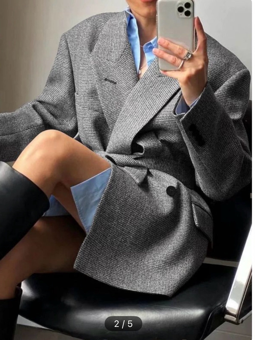 Commense Oversized Gray Double-Breasted Blazer Jacket